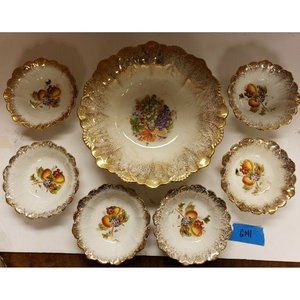 Berry Serving Set, Porcelain, Gilt/White , Fruit, Scalloped, transferware G